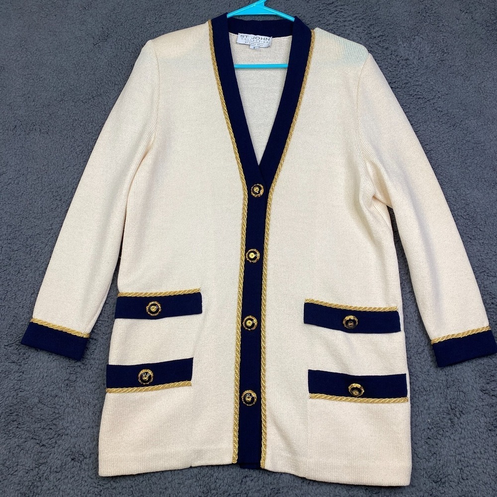 ST JOHN Marie Cream Blue Floral Blazer Jacket Embellished Crystals Size 8 VTG